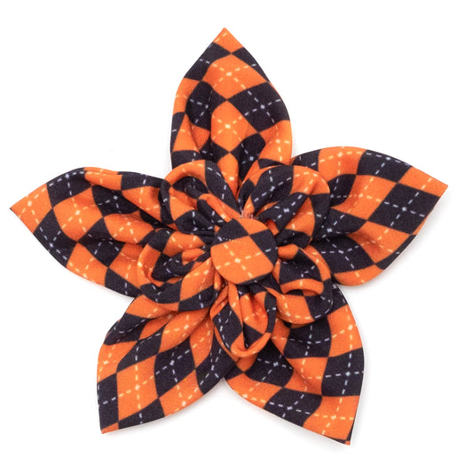 Halloween Argyle Dog Flower – Polyester, Black/Orange, Sizes S, L