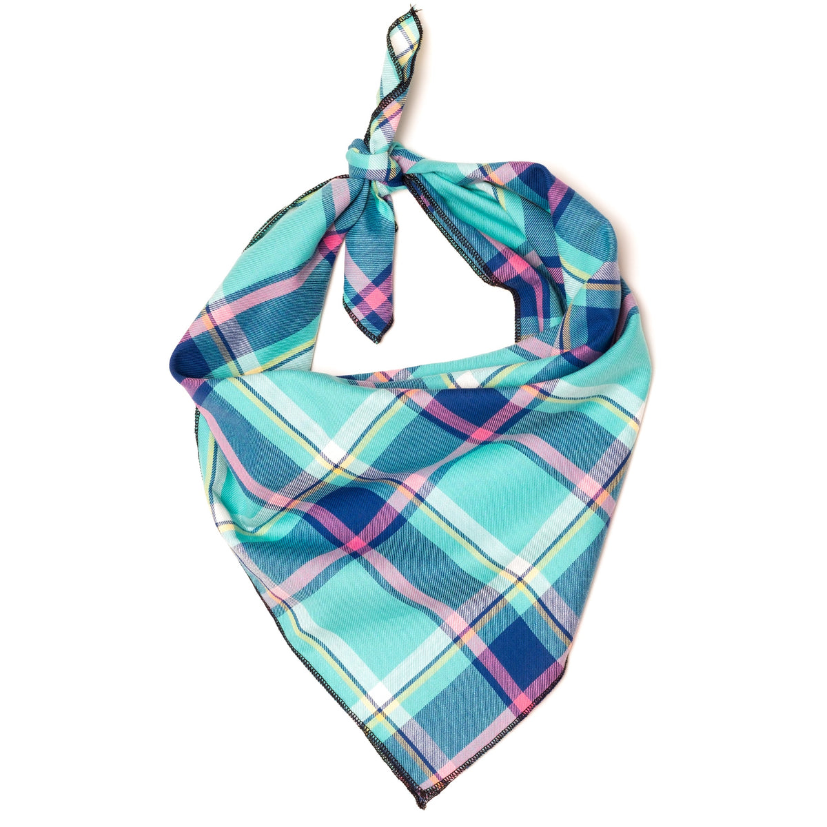 Aqua/Navy Plaid Dog Bandana – Cotton, Aqua/Navy, Sizes S, L