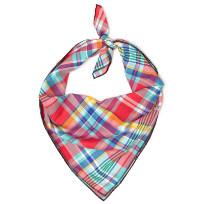 Coral Multi Plaid Dog Bandana – Cotton, Coral Multicolored, Sizes S, L