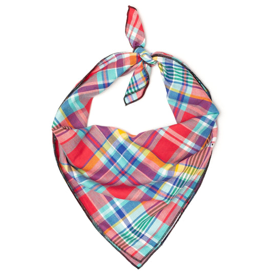 Coral Multi Plaid Dog Bandana – Cotton, Coral Multicolored, Sizes S, L
