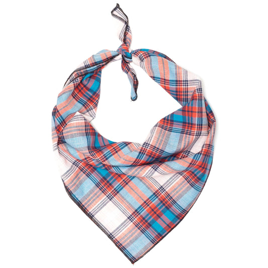 Cornflower Blue/Red Plaid Dog Bandana – Cotton, Blue/Red, Sizes S, L
