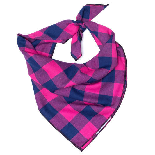 Pink/Navy Buffalo Check Dog Bandana – Cotton, Pink/Navy, Sizes S, L