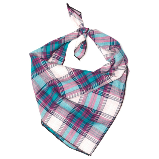 Teal/Purple Plaid Dog Bandana – Cotton, Teal/Purple, Sizes S, L