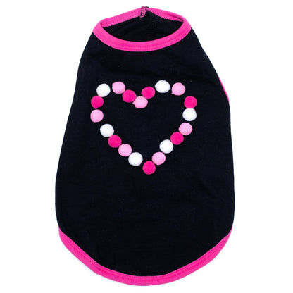 Pom Pom Heart Dog Tank Top – Cotton, Black, Sizes XS–XXL