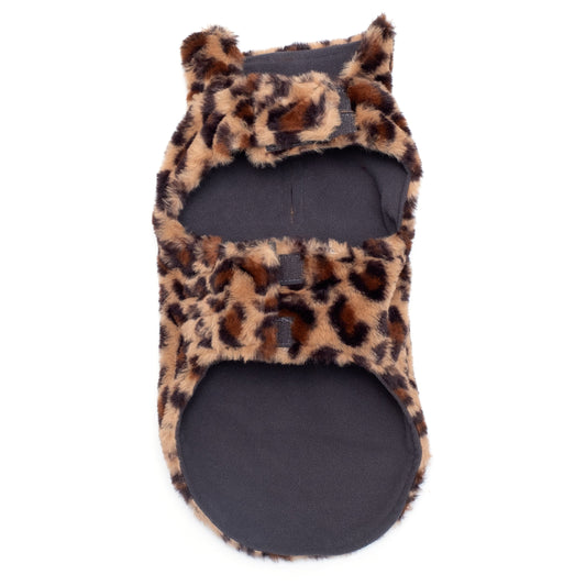Leopard Fur Dog Jacket – Polyester, Brown, Sizes XS–XXL