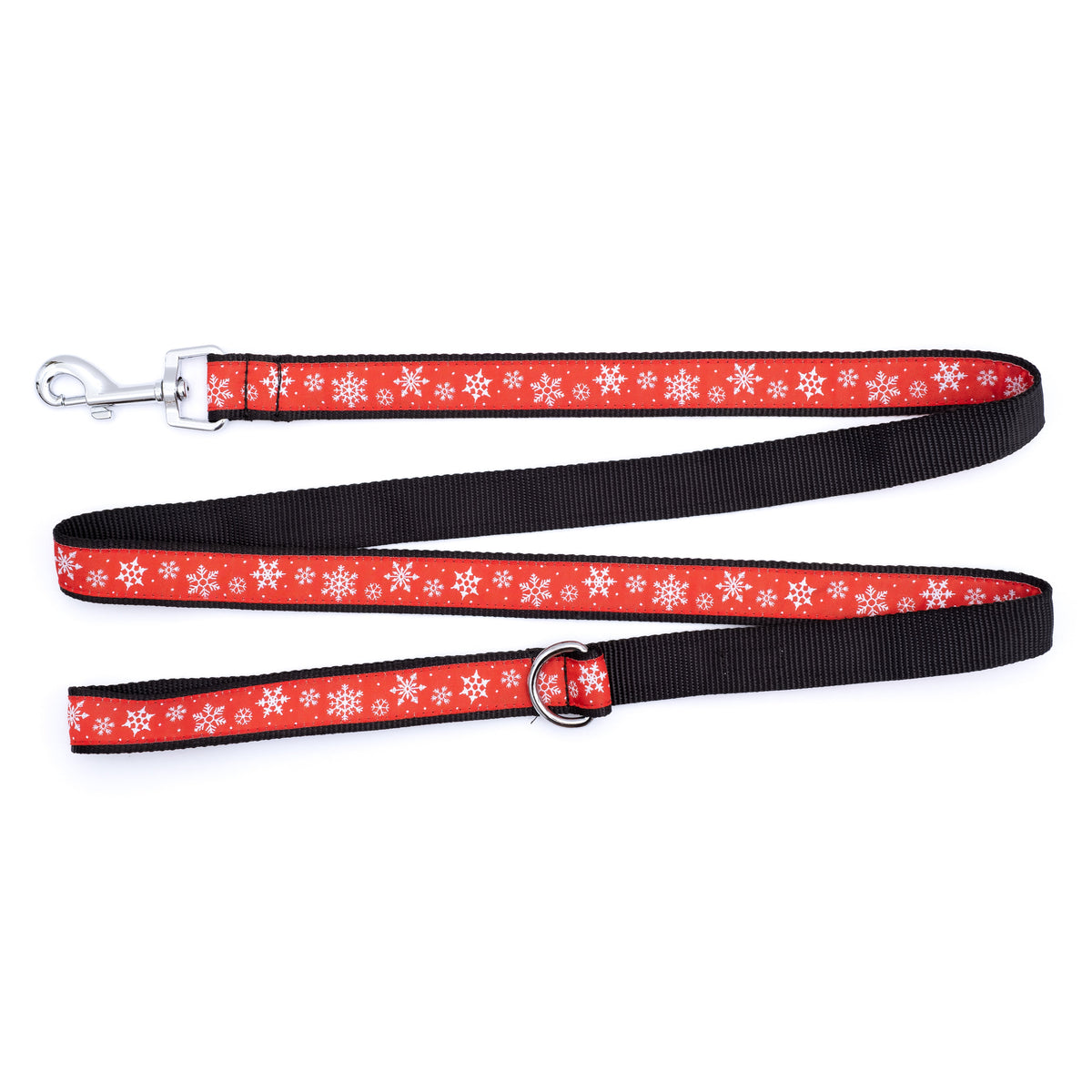 Red Snowflake Nylon Dog Leash — flat strap and hardware view