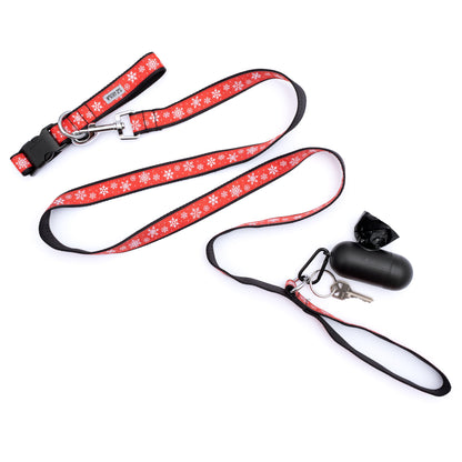 Red Snowflake Nylon Dog Leash — leash shown with collar and dispenser