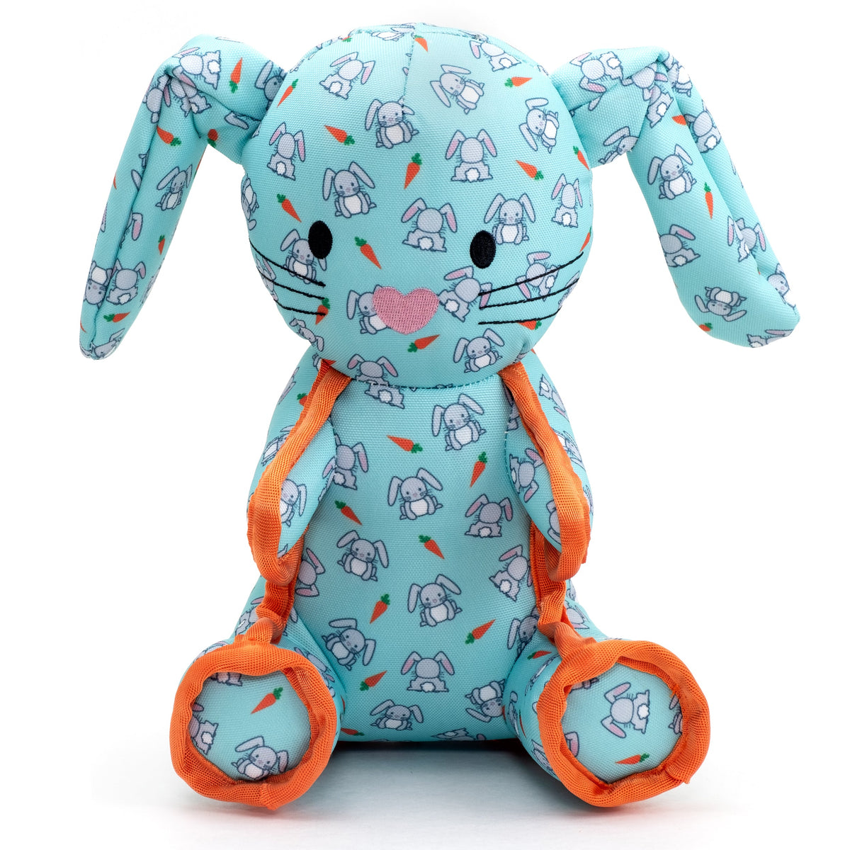 Mint Bunny Squeaky Dog Toy with Orange Rope Details, front view with orange rope