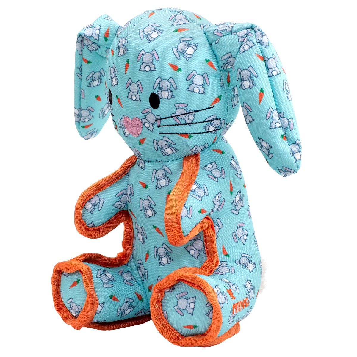 Mint Bunny Squeaky Dog Toy with Orange Rope Details, angled view