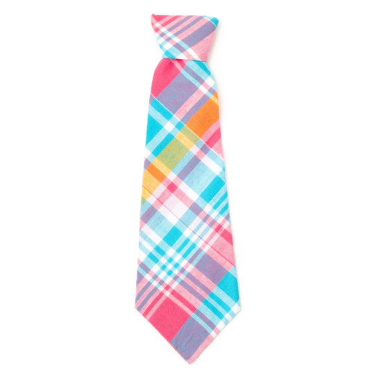Madras Plaid Dog Neck Tie – Cotton, Turquoise/Pink/Multicolored, Sizes S, L