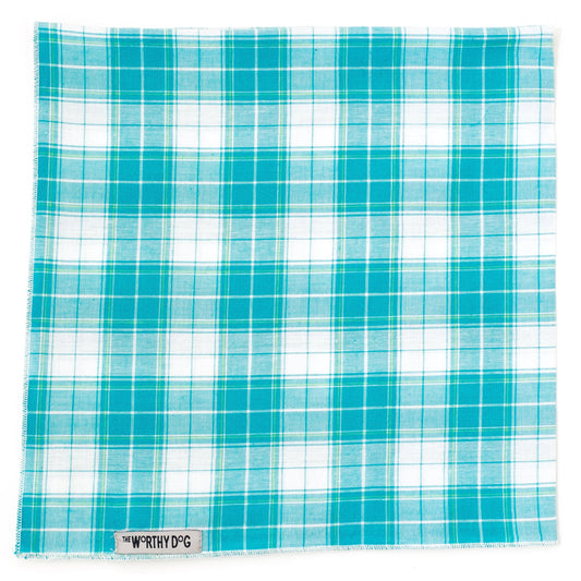 Madras Plaid Classic Dog Bandana – Cotton, Turquoise/White, Sizes S, L