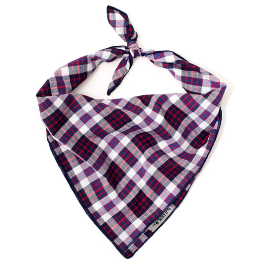 Madras Plaid Classic Dog Bandana – Cotton, Navy/Red/White, Sizes S, L