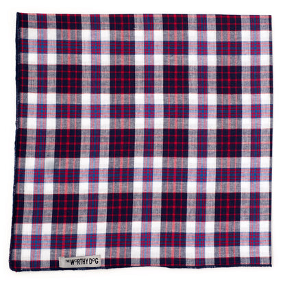 Madras Plaid Classic Dog Bandana – Cotton, Navy/Red/White, Sizes S, L