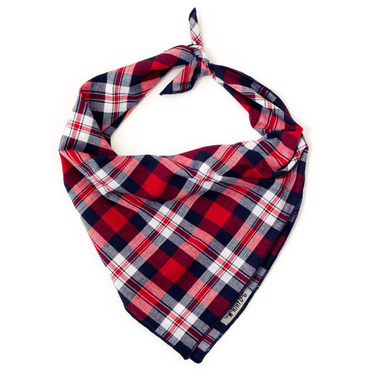 Madras Plaid Classic Dog Bandana – Cotton, Red/Navy, Sizes S, L
