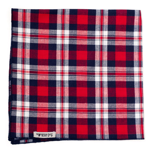 Madras Plaid Classic Dog Bandana – Cotton, Red/Navy, Sizes S, L