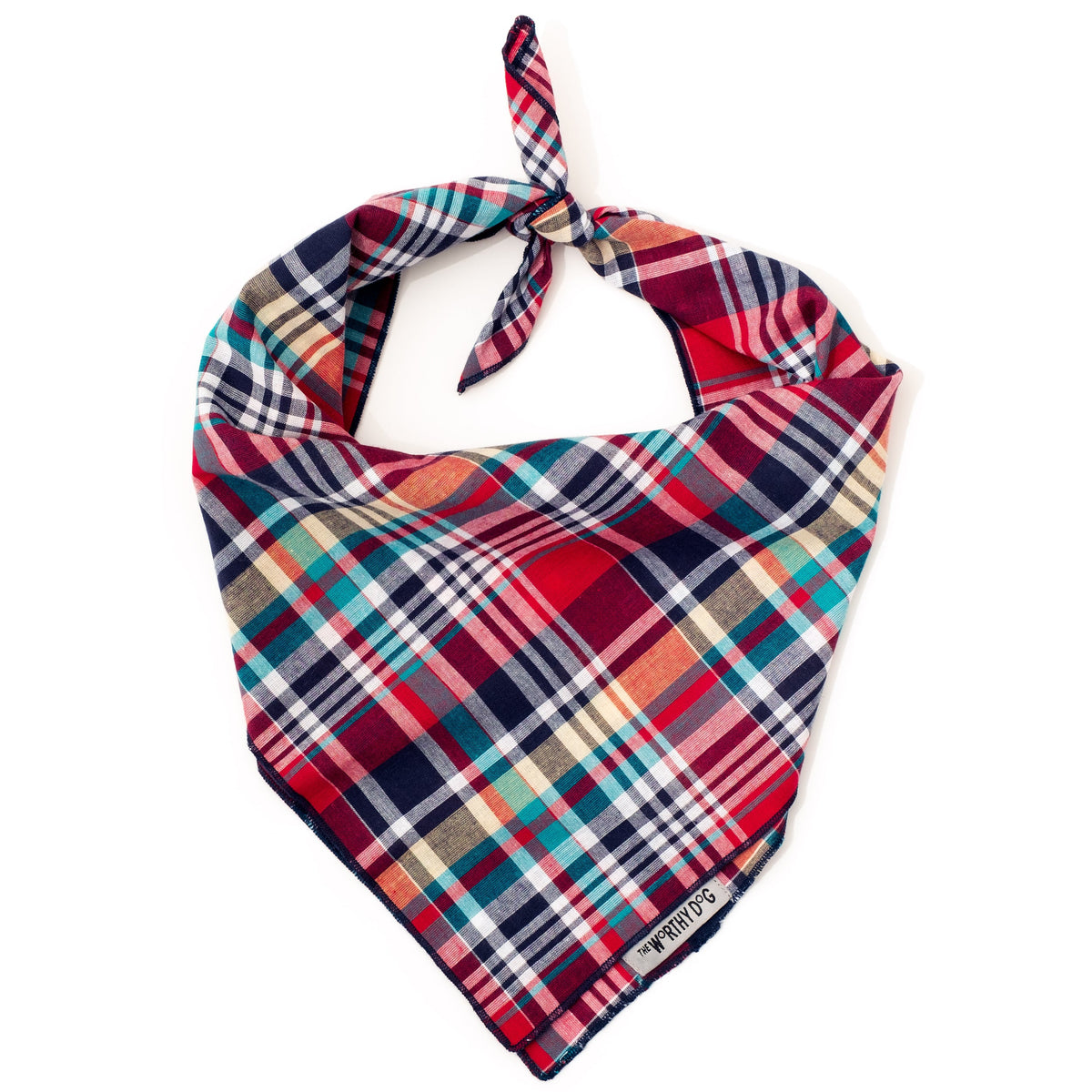 Madras Plaid Classic Dog Bandana – Cotton, Red/Navy/Multicolored, Sizes S, L