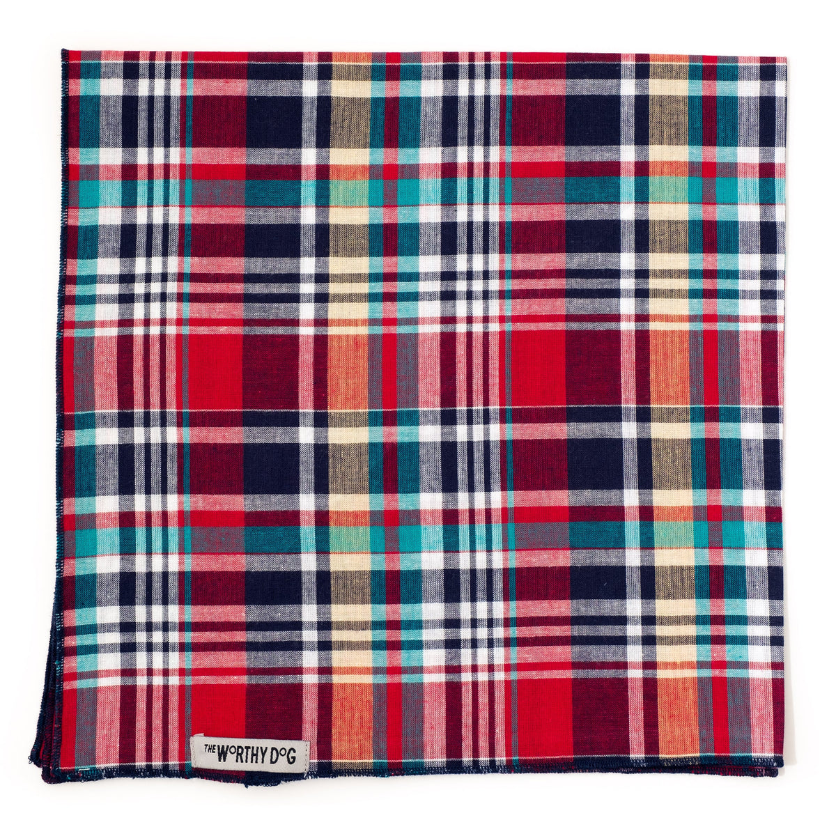Madras Plaid Classic Dog Bandana – Cotton, Red/Navy/Multicolored, Sizes S, L