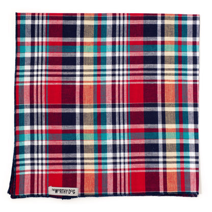 Madras Plaid Classic Dog Bandana – Cotton, Red/Navy/Multicolored, Sizes S, L