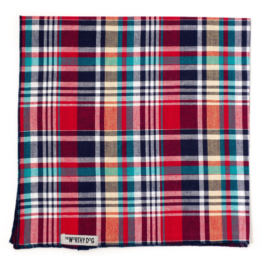 Madras Plaid Classic Dog Bandana – Cotton, Red/Navy/Multicolored, Sizes S, L