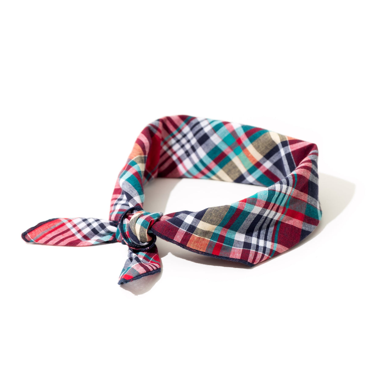 Madras Plaid Classic Dog Bandana – Cotton, Red/Navy/Multicolored, Sizes S, L