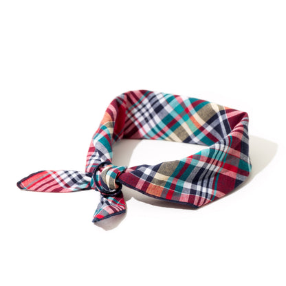 Madras Plaid Classic Dog Bandana – Cotton, Red/Navy/Multicolored, Sizes S, L
