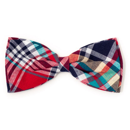 Madras Plaid Dog Bow Tie – Cotton, Red/Navy/Multicolored, Sizes S, L