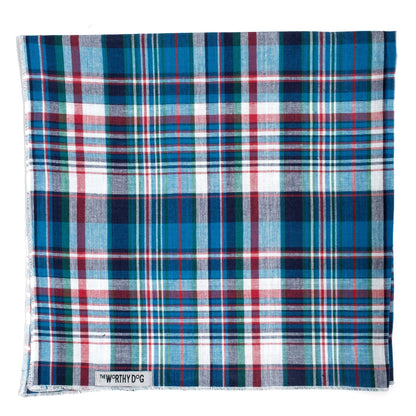 Madras Plaid Classic Dog Bandana – Cotton, Blue/Navy/Multicolored, Sizes S, L