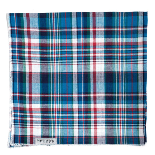 Madras Plaid Classic Dog Bandana – Cotton, Blue/Navy/Multicolored, Sizes S, L
