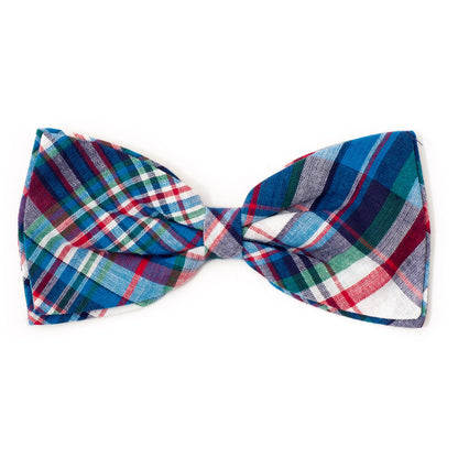 Madras Plaid Dog Bow Tie – Cotton, Blue/Navy/Multicolored, Sizes S, L