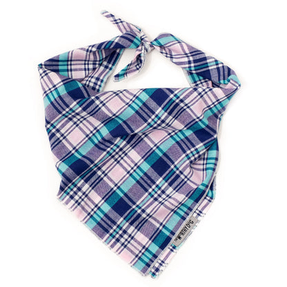 Madras Plaid Classic Dog Bandana – Cotton, Navy/Pink/Turquoise, Sizes S, L