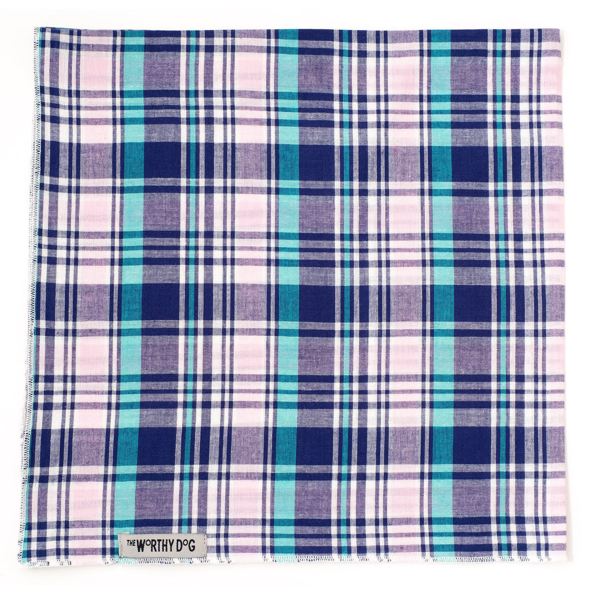 Madras Plaid Classic Dog Bandana – Cotton, Navy/Pink/Turquoise, Sizes S, L