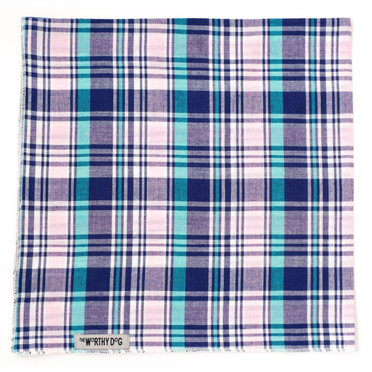 Madras Plaid Classic Dog Bandana – Cotton, Navy/Pink/Turquoise, Sizes S, L