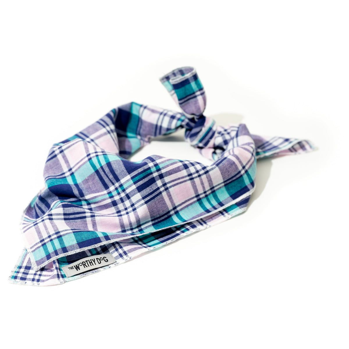 Madras Plaid Classic Dog Bandana – Cotton, Navy/Pink/Turquoise, Sizes S, L