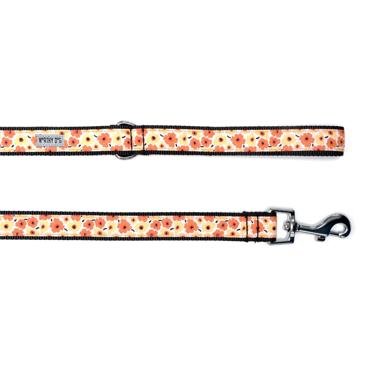 Fleurs Floral Nylon Dog Leash — yellow ribbon and hardware detail