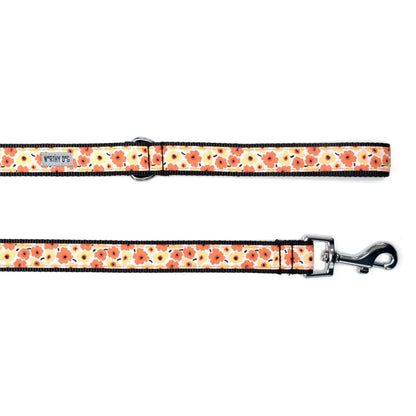 Fleurs Floral Nylon Dog Leash — yellow ribbon and hardware detail