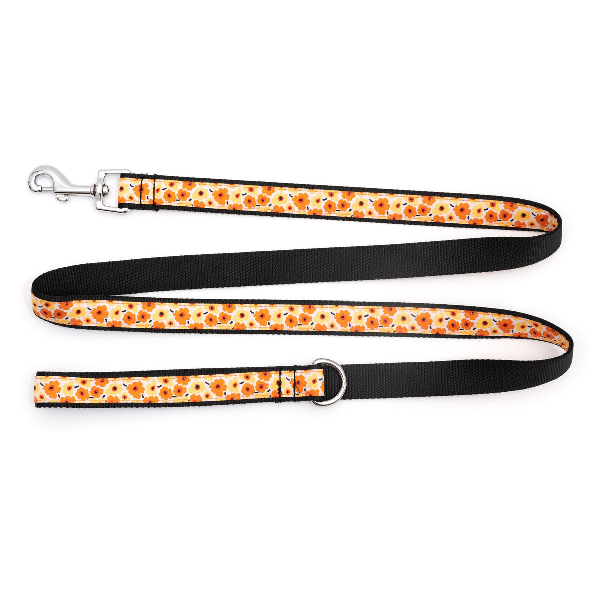 Fleurs Floral Nylon Dog Leash — yellow flat strap view