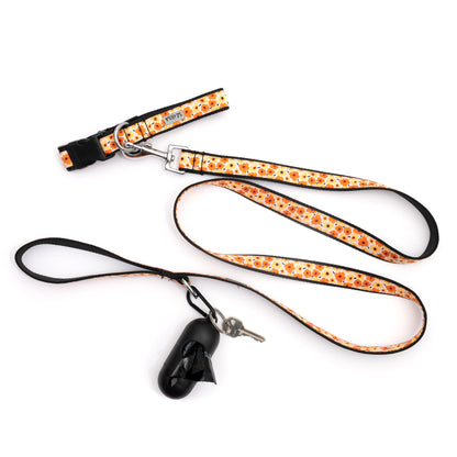 Fleurs Floral Nylon Dog Leash — yellow leash shown with collar and dispenser