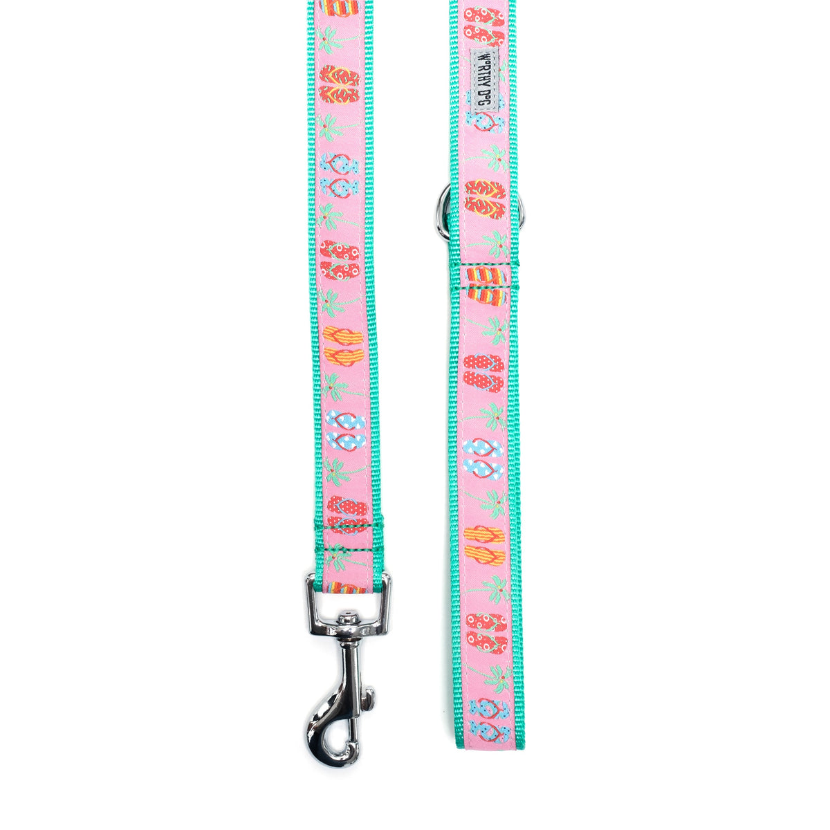 Pink Flip Flops Nylon Dog Leash — ribbon and hardware detail