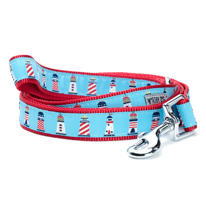 Blue Lighthouse Nylon Dog Leash — coiled leash