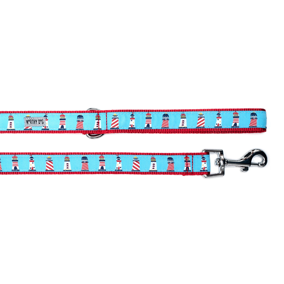 Blue Lighthouse Nylon Dog Leash — ribbon and hardware detail