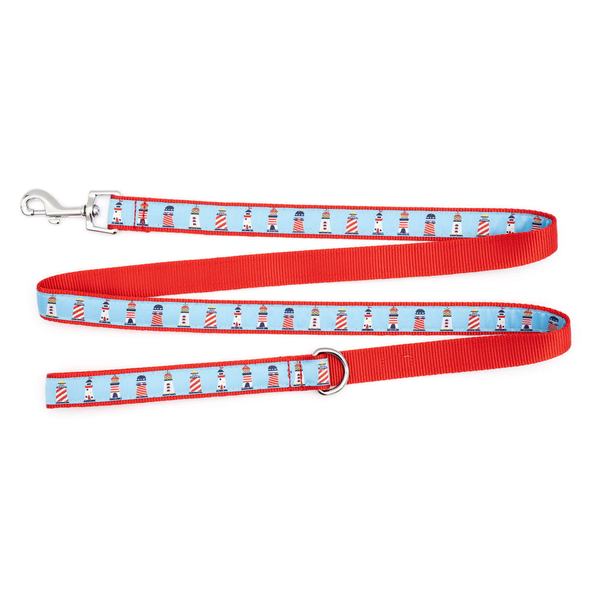 Blue Lighthouse Nylon Dog Leash — flat strap view