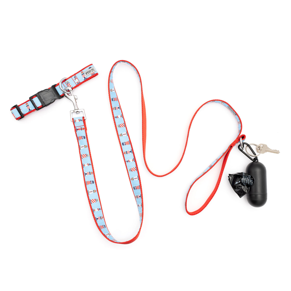 Blue Lighthouse Nylon Dog Leash — leash shown with collar and dispenser