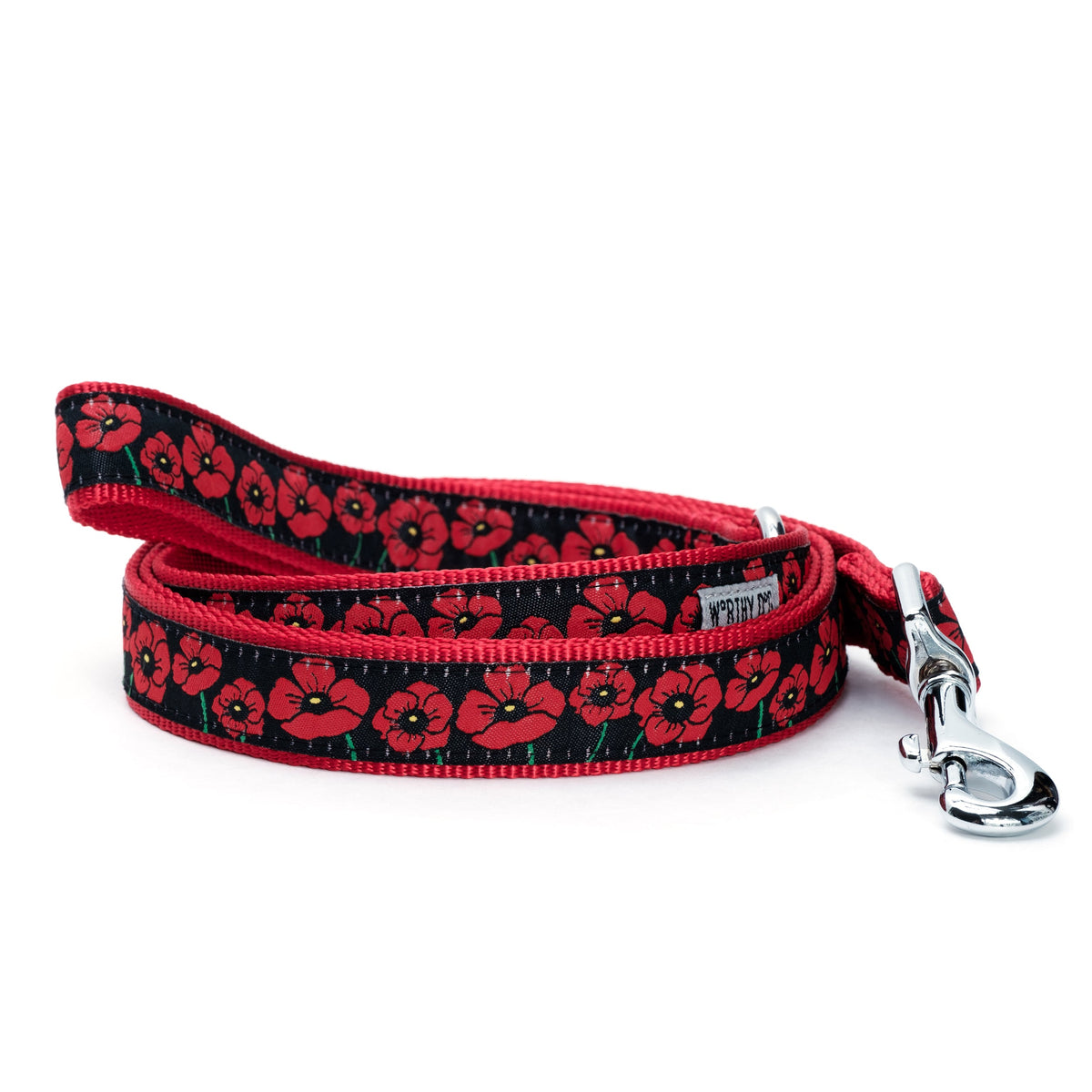 Black Poppy Floral Nylon Dog Leash — coiled leash