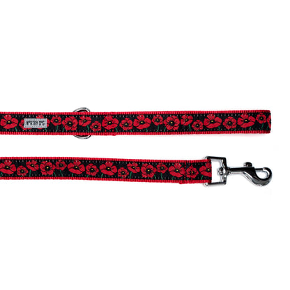 Black Poppy Floral Nylon Dog Leash — ribbon and hardware detail
