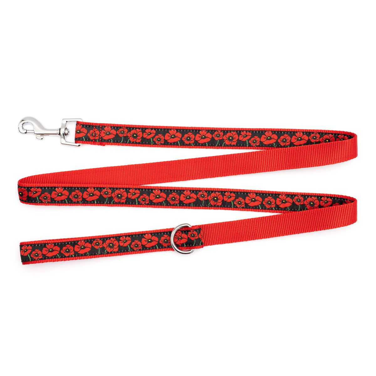 Black Poppy Floral Nylon Dog Leash — flat strap view