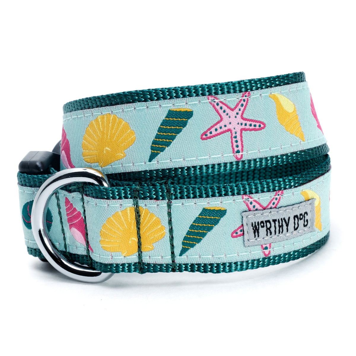 Seashells Dog Collar – Teal, Sizes XS–XL