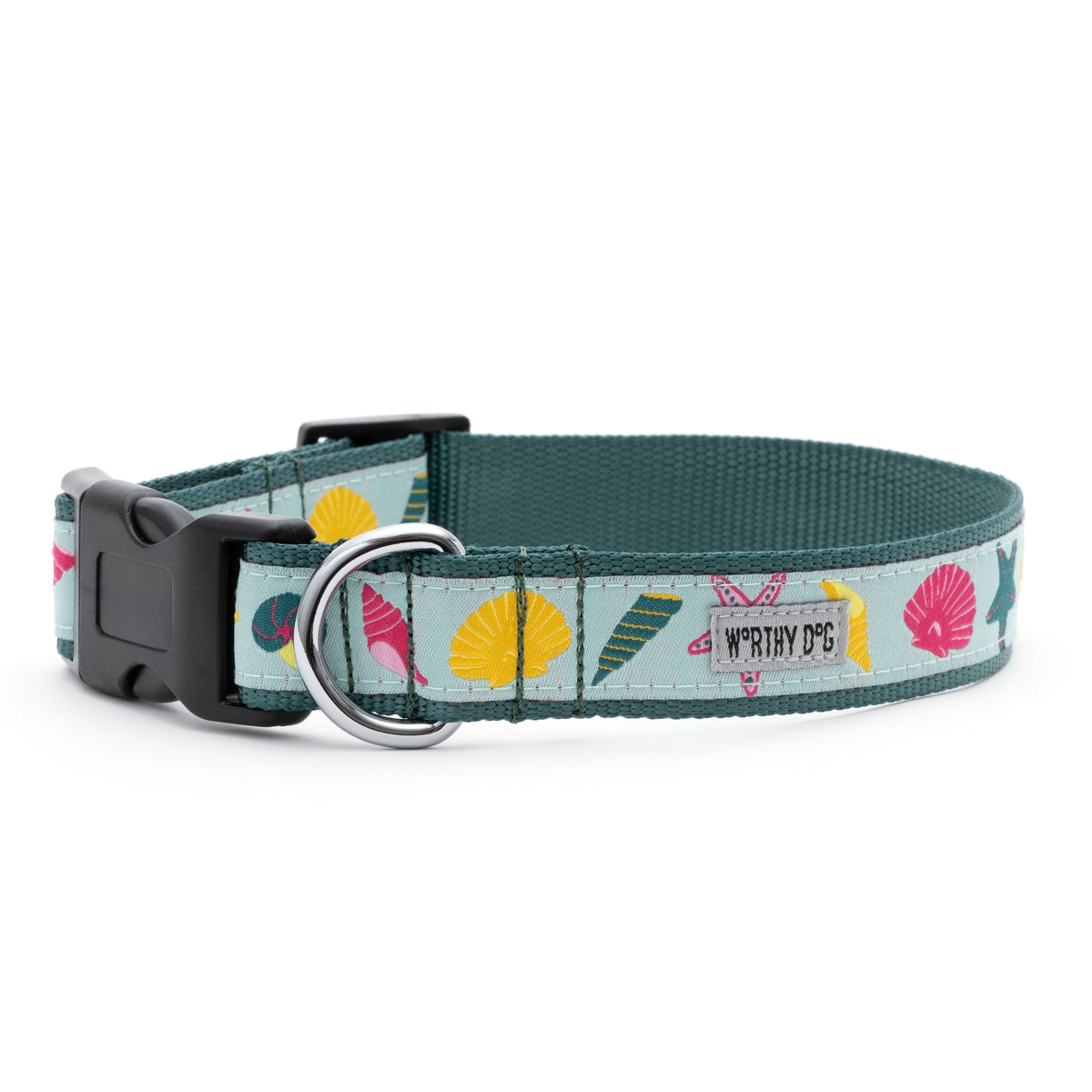 Seashells Dog Collar – Teal, Sizes XS–XL