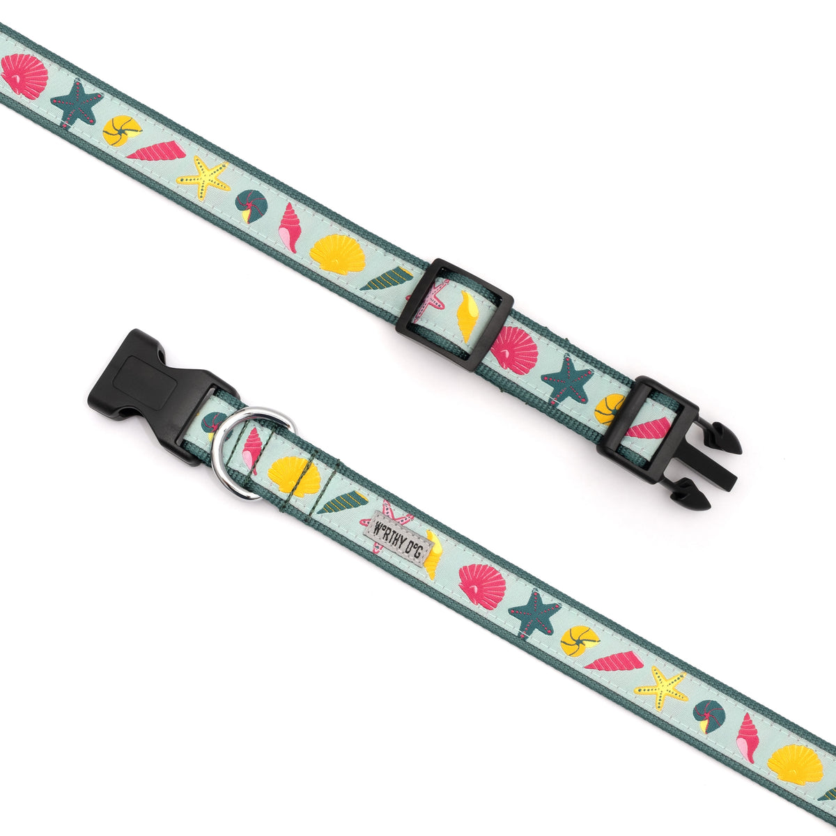 Seashells Dog Collar – Teal, Sizes XS–XL