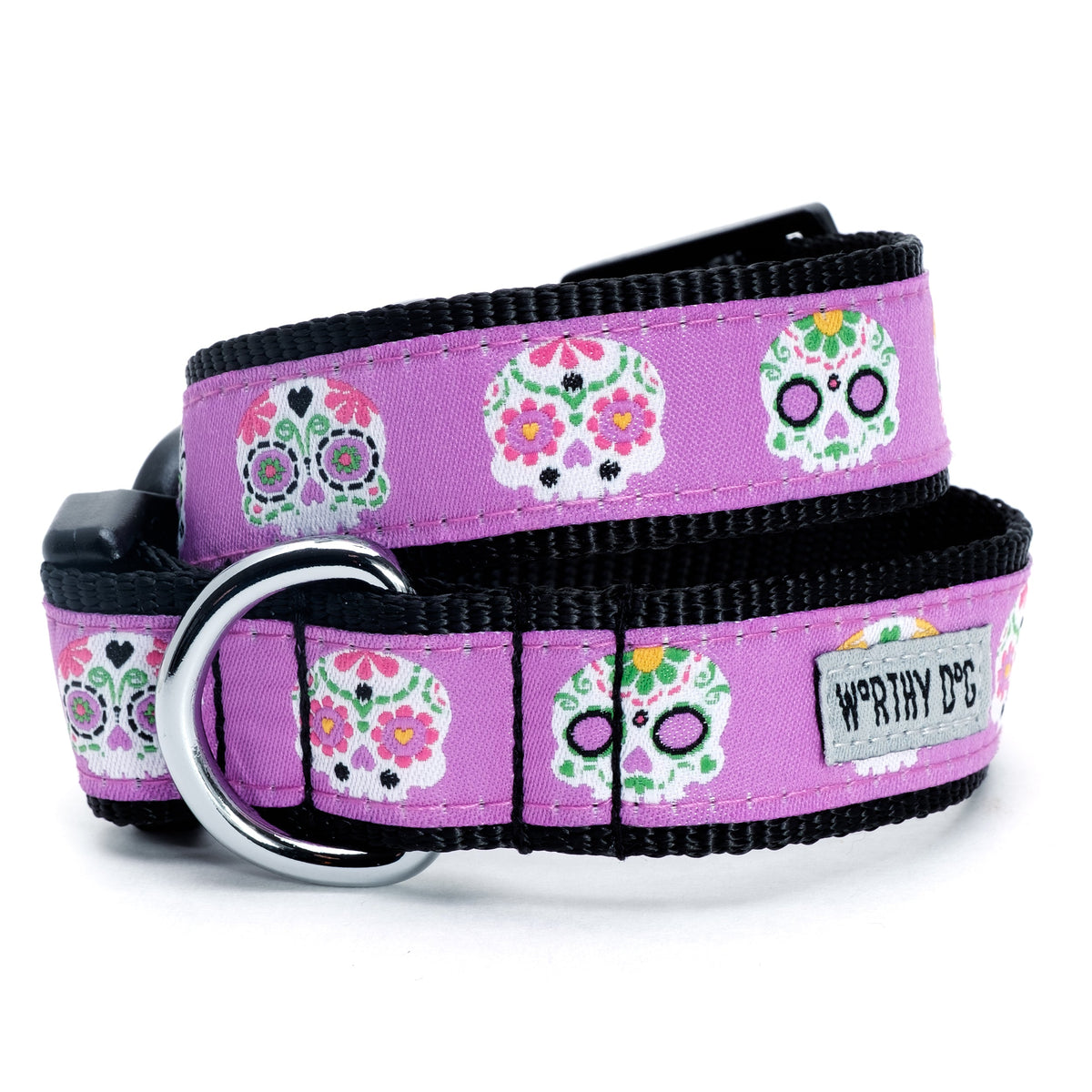 Decorated sugar-skull illustrations Halloween dog collar, Purple colorway front view