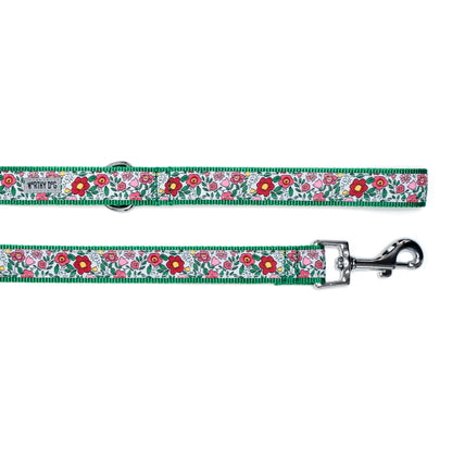 Spring Garden Floral Nylon Dog Leash — ribbon and hardware detail